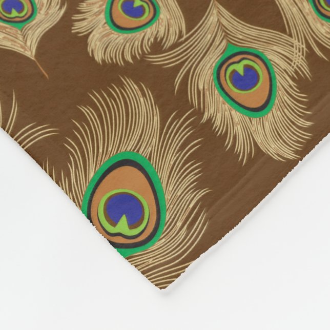 Beige Peacock Feathers on Chocolate Brown Fleece Blanket (Corner)