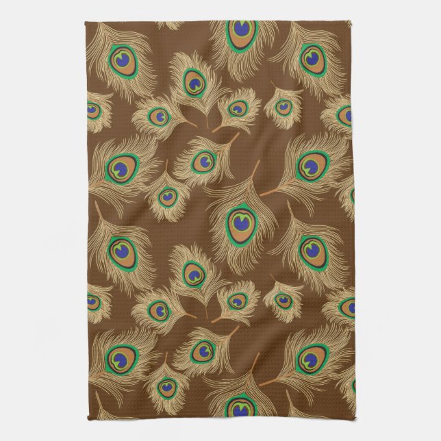 Beige Peacock Feathers on Chocolate Brown Tea Towel (Vertical)