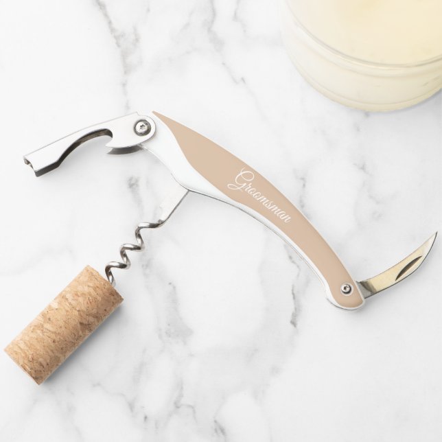 Beige Personalised Wedding Groomsman Name Corkscrew (Front)