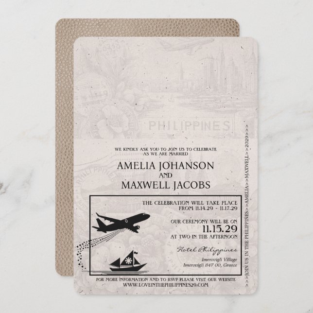 Beige Philippines Passport Wedding Invitation (Front/Back)
