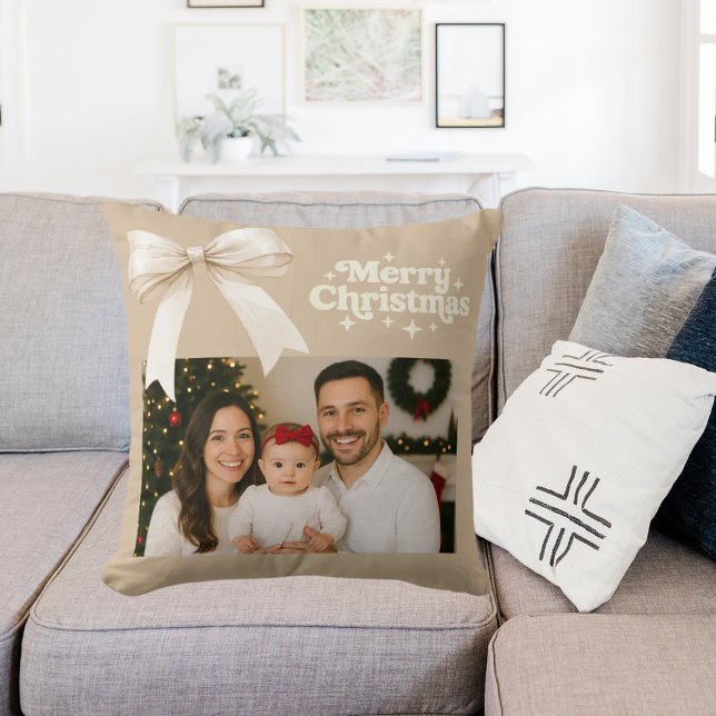Beige photo cream bow Christmas Cushion (Creator Uploaded)