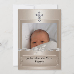 Beige Photo Frame Jewel Cross Baptism long Invitation