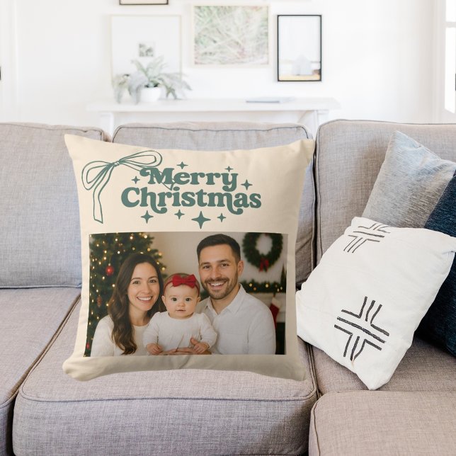 Beige photo green bow hand-drawn Christmas Cushion (Creator Uploaded)