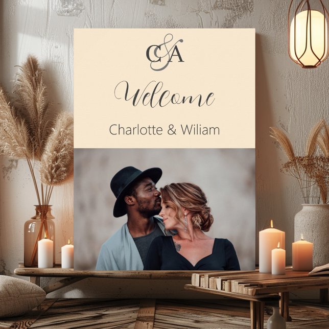 Beige photo monogram wedding welcome sign (Creator Uploaded)