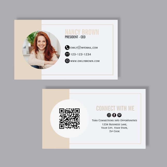 Beige Photo QR Code Connect With Me Minimal Business Card (Modern beige photo QR code design to share your contact details instantly with style.)