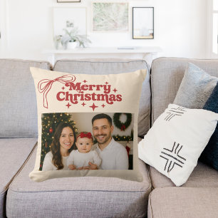 Beige photo red bow hand-drawn Christmas Cushion
