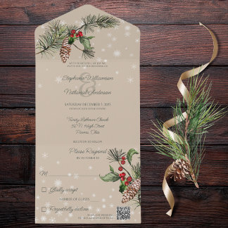 Beige Pine & Holly in Snow QR Code All In One Invitation