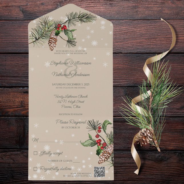 Beige Pine & Holly in Snow QR Code All In One Invitation (Also available without QR code. )