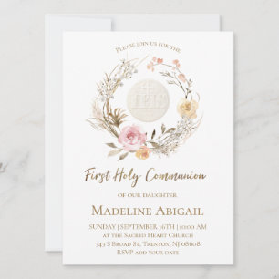 beige pink flowers Eucharist First Communion Invitation