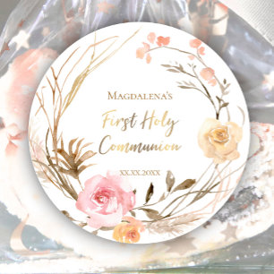 beige pink flowers First Holy Communion Classic Round Sticker