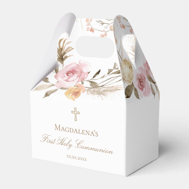 beige pink flowers First Holy Communion Favour Box (Front Side)