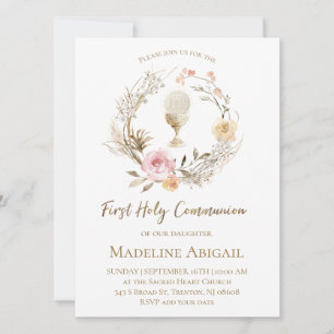 beige pink flowers wreath First Communion Invitation