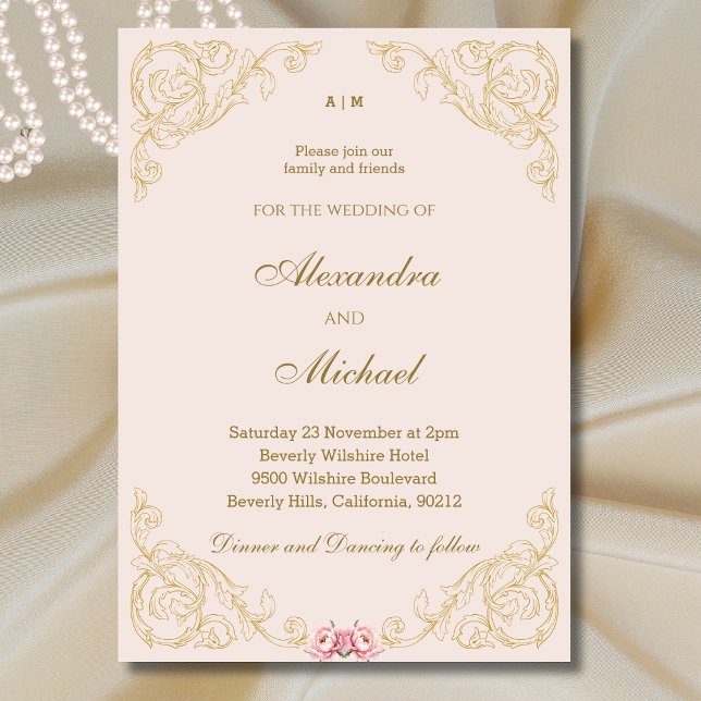 Beige Pink Ornate Vintage Baroque Wedding  Invitation (Creator Uploaded)