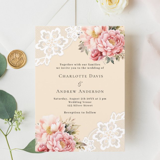 Beige pink rose gold florals lace premium wedding invitation (Creator Uploaded)