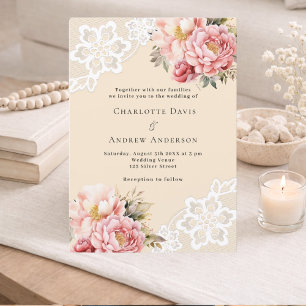Beige pink rose gold florals lace wedding invitation