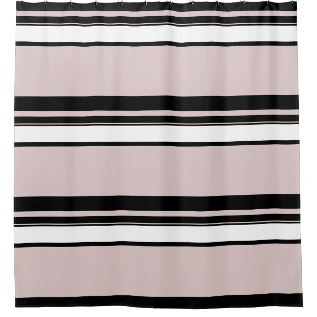 Beige Pink White Black Stripes Classy Stripe Shower Curtain (Front)