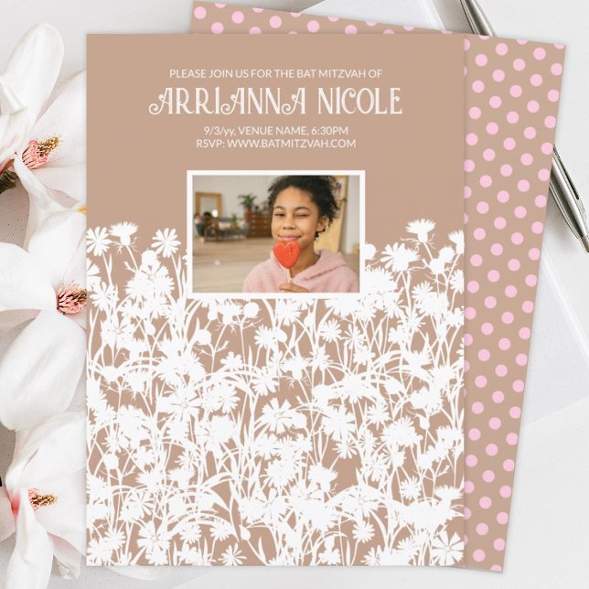 Beige, Pink, White Wild Flowers Bat Mitzvah Invitation (natural botanical beige white wild flowers meadow spring springtime bat mitzvah party invitations)