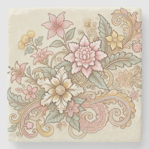 Beige Pink Yellow Boho Floral Batik Watercolor Stone Coaster