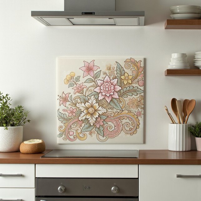 Beige Pink Yellow Boho Indonesian Batik Tile (Beige Pink Yellow Boho Indonesian Batik Ceramic Tile)