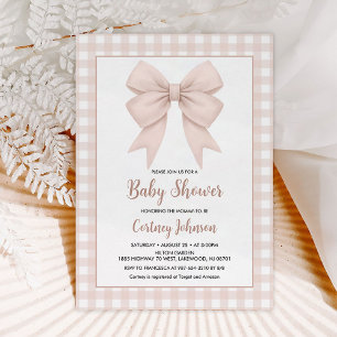 Beige Plaid And Beige Bow Baby Shower Invitation