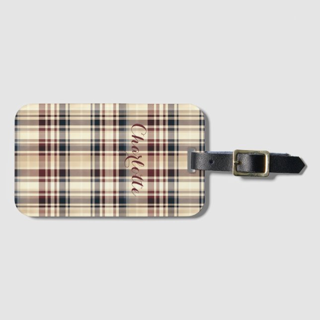 Beige Plaid Classic Chequered Pattern Luggage Tag (Front Horizontal)