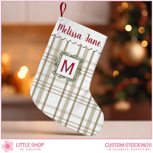 Beige Plaid Customisable Monogram Small Christmas Stocking