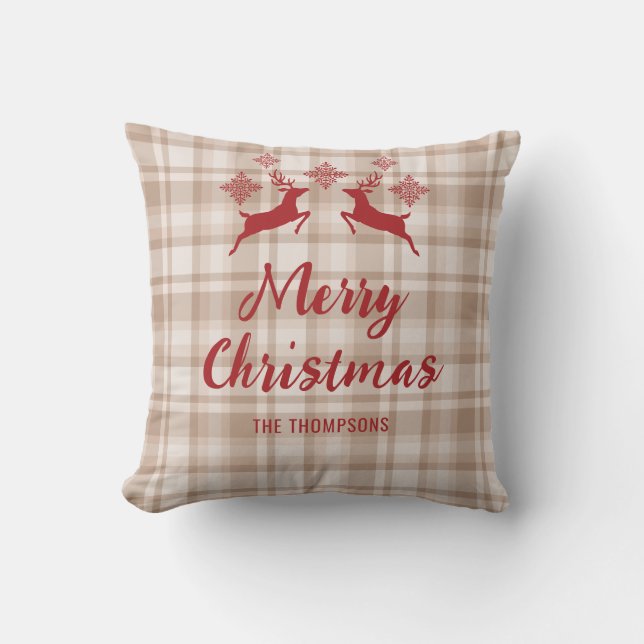 Beige Plaid Red Deer Merry Christmas Custom Name Cushion (Front)