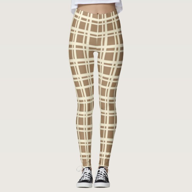 Beige Plaid Tartan Chequered Pattern  Leggings (Front)