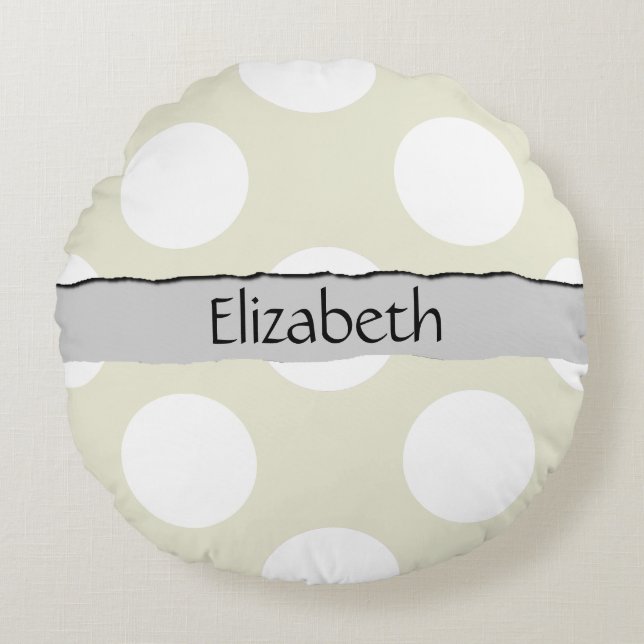 Beige Polka Dots, Polka Dot Pattern, Your Name Round Cushion (Front)