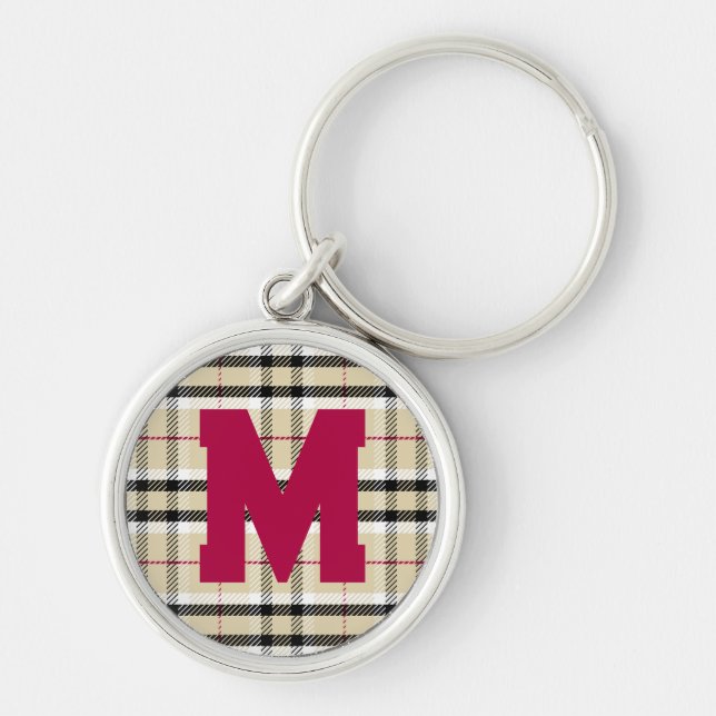 Beige Preppy Plaid Fashion Monogram Personalised Key Ring (Front)
