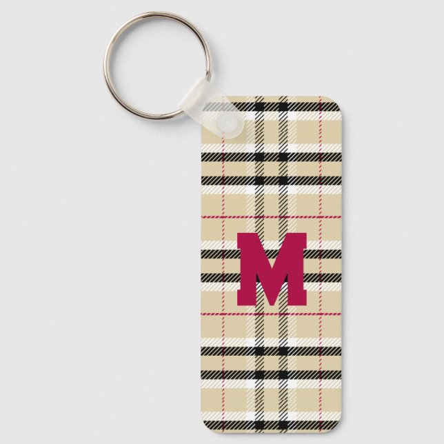 Beige Preppy Plaid Fashion Monogram Personalised Key Ring (Front)