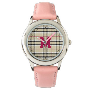 Beige Preppy Plaid Fashion Monogram Personalized Watch