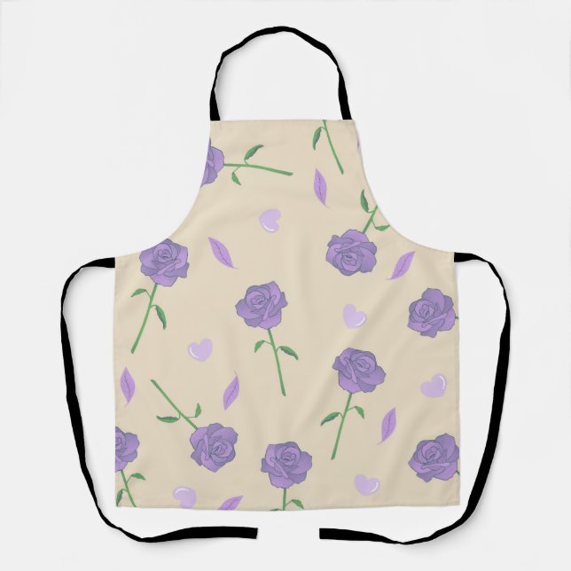 Beige Purple Rose Floral Boho Botanical Pattern Apron (Front)