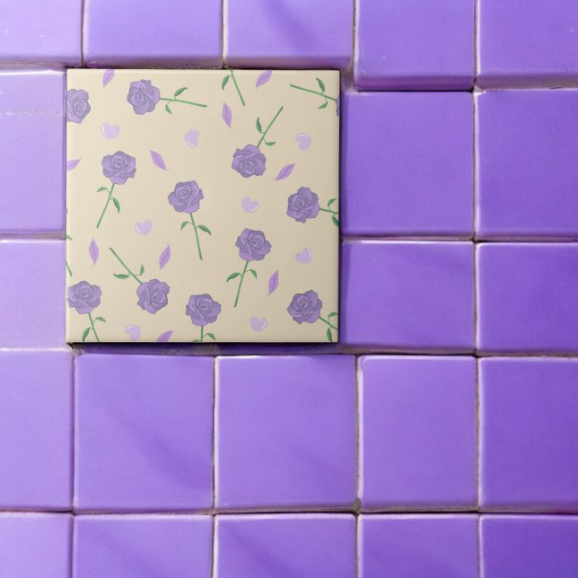 Beige Purple Rose Floral Boho Botanical Pattern Tile (Creator Uploaded)