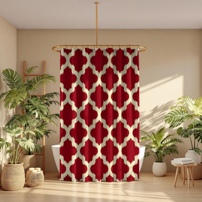 Beige Quatrefoil Ikat Pattern Burgundy Background Shower Curtain (Creator Uploaded)