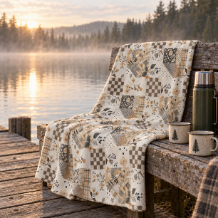 Beige Quilt Patchwork Gingham Cottagecore Floral Fleece Blanket