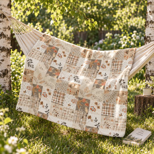 Beige Quilt Patchwork Gingham Cottagecore Floral Fleece Blanket