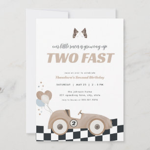 Beige Race Car Two Fast Second Birthday Invite 