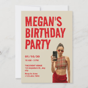 Beige red photo birthday invitation