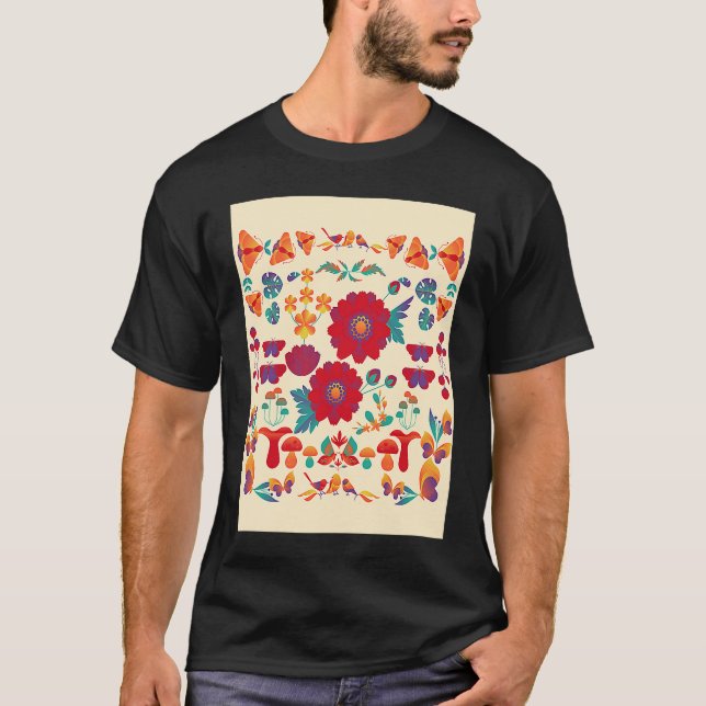 Beige Red Scandi Flower Ethnic Cute Autumn Fall Mi T-Shirt (Front)