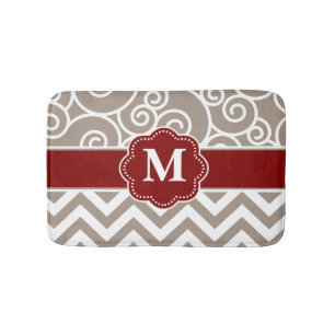 Beige Red Swirl Chevron Monogram Bathmat