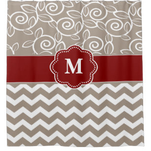 Beige Red Swirl Chevron Monogram Shower Curtain