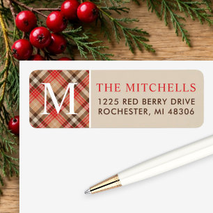 Beige Red Tartan Monogram Christmas Return Address