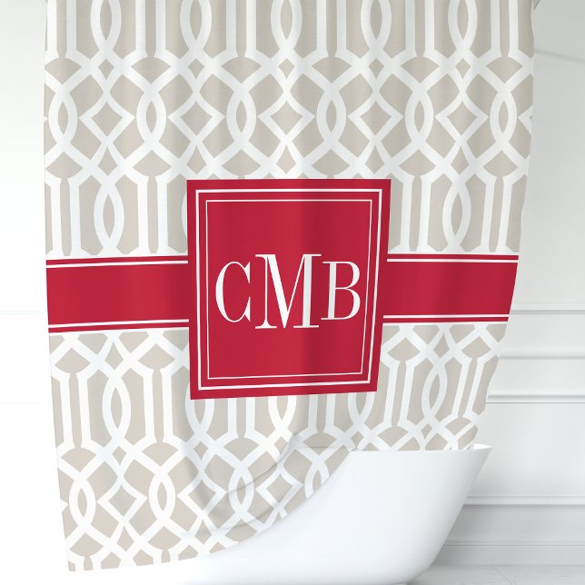 Beige & Red Trellis Monogram Shower Curtain (Creator Uploaded)