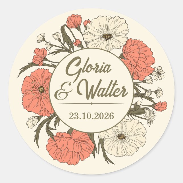 Beige Red Vintage Wedding Sticker Illustrative  (Front)