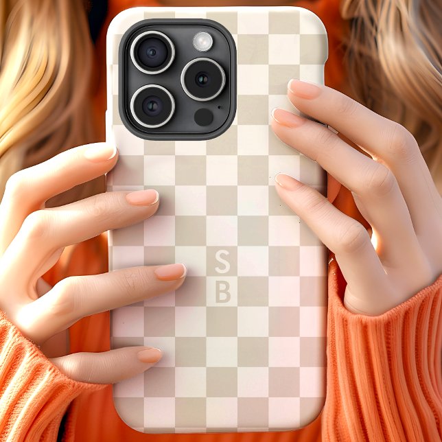 Beige Retro Chequered Pattern Monogram iPhone 15 Case (Creator Uploaded)