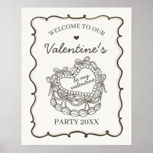 Beige Retro Heart Coquette Cake Valentines Welcome Poster