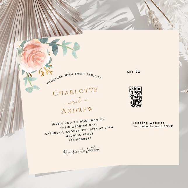 Beige rose floral QR code RSVP wedding invitation (Creator Uploaded)