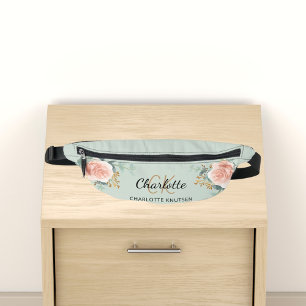 Beige rose gold floral green name monogram bum bags