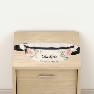 Beige rose gold floral greenery name monogram bum bags